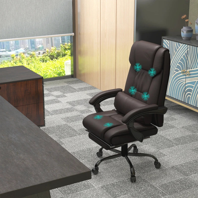 Vinsetto 6-Point Massage Office Chair - Adjustable PU Leather Desk Chair with Footrest for Home Office, Brown