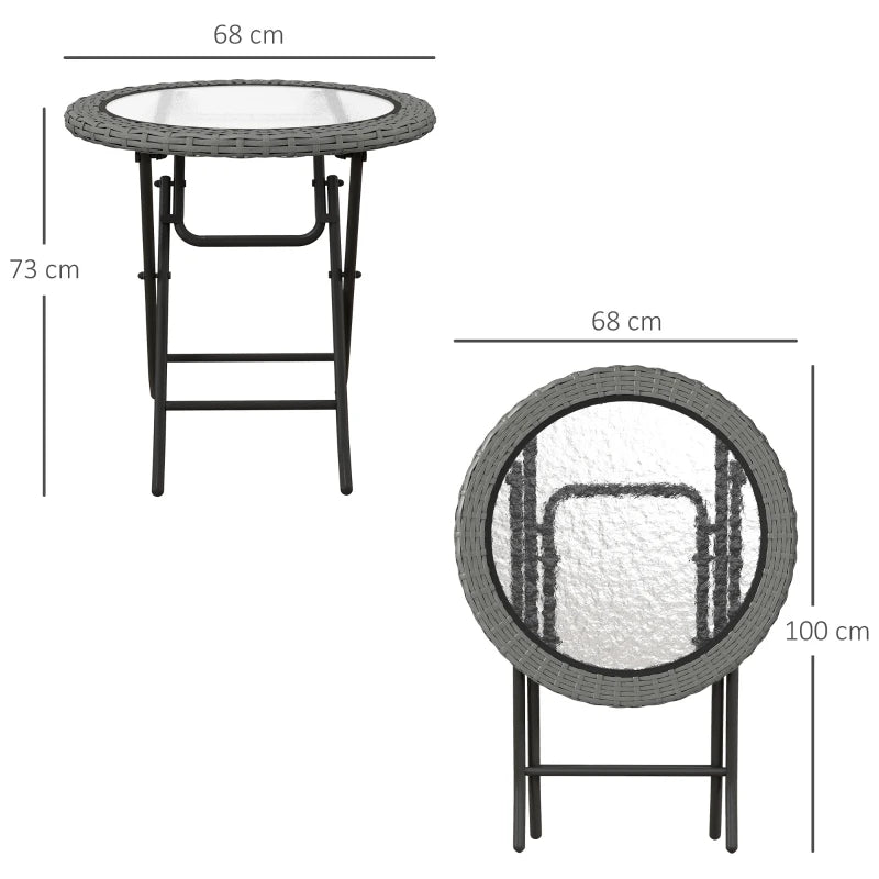 Folding Round Tempered Glass Garden Table - 60cm, Grey Rattan Edging