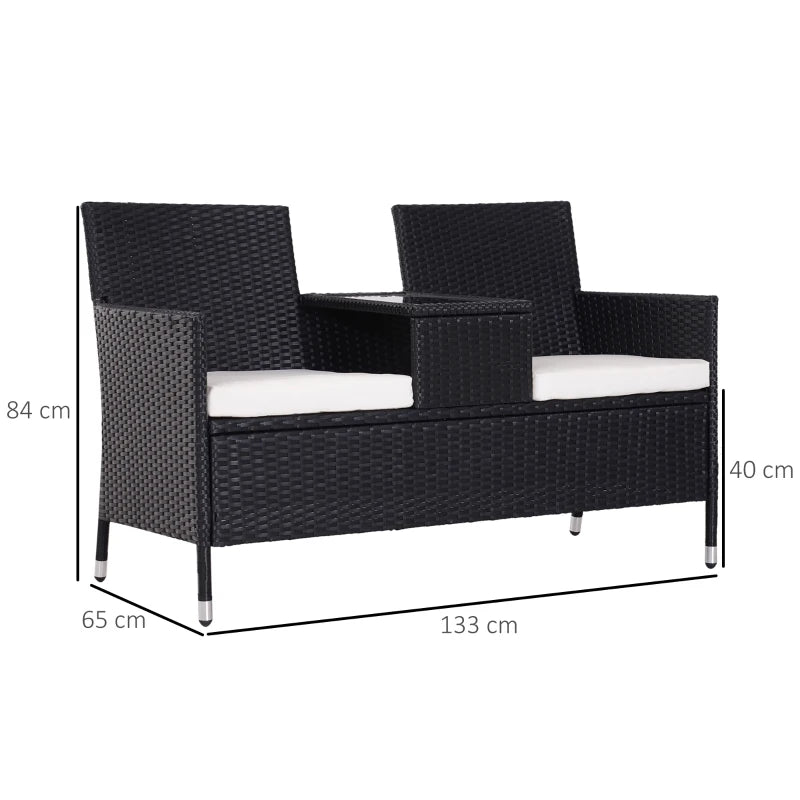 Black Rattan 2-Seater Chair Set with Middle Tea Table