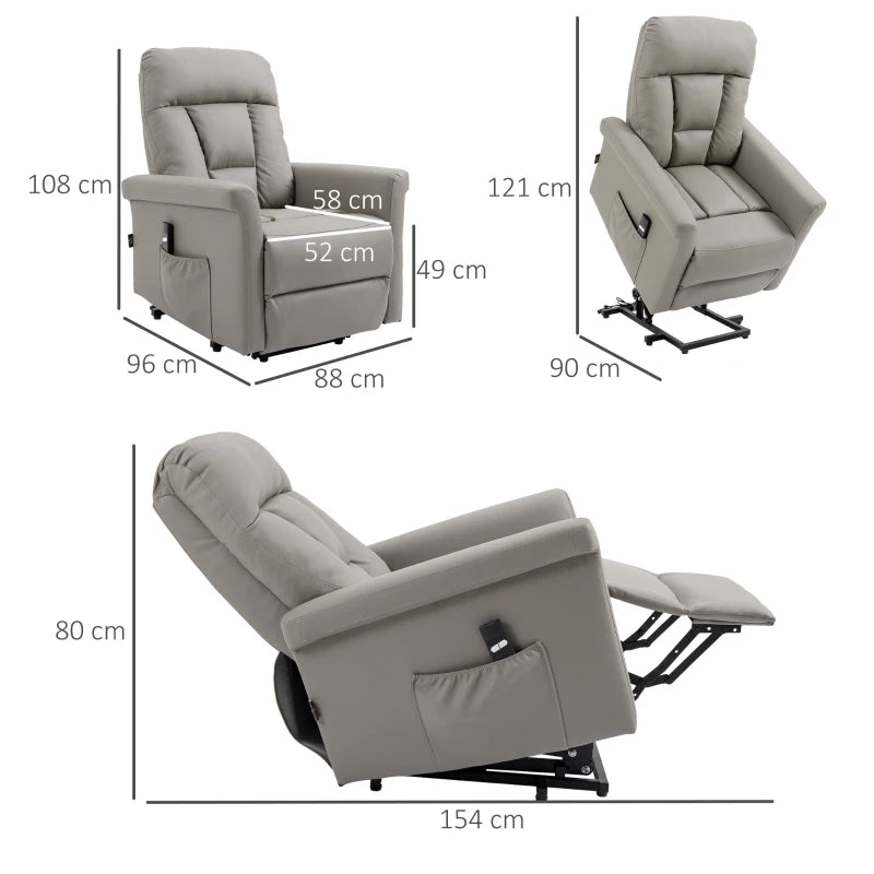Power Lift Recliner Chair for Elderly - PU Leather Armchair with Extended Footrest, Remote Control, Side Pocket, Grey
