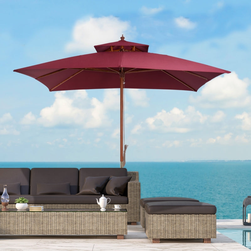 Double Tier Wine Red Wooden Garden Parasol Umbrella