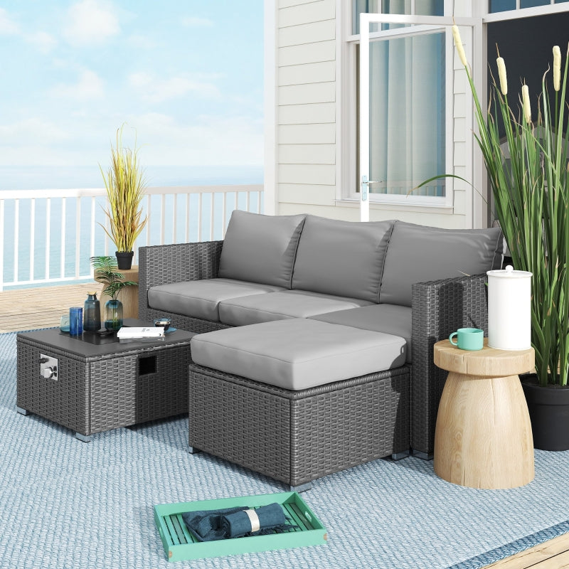 5-Piece Grey Rattan Garden Furniture Set with Gas Fire Pit Table & Footstools