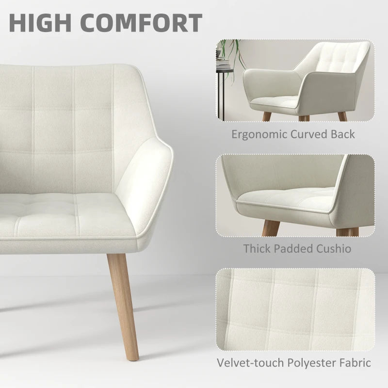 Cream White Accent Chair with Wide Arms, Slanted Back, Thick Padding and Rubber Wood Legs for Living Room