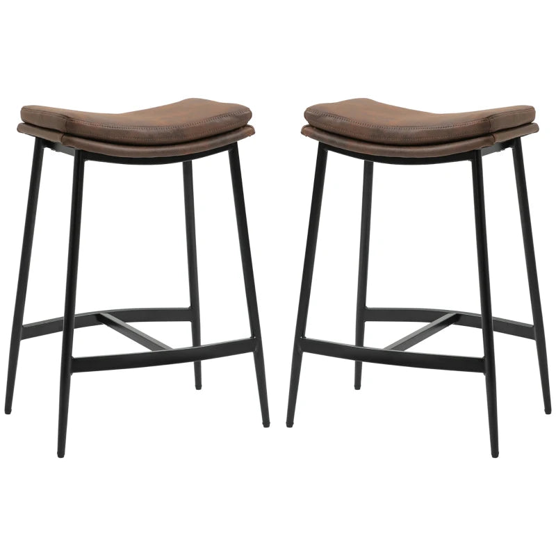 Set of 2 Microfibre Upholstered Breakfast Bar Stools - Industrial Curved Seat Bar Chairs with Steel Frame, Brown