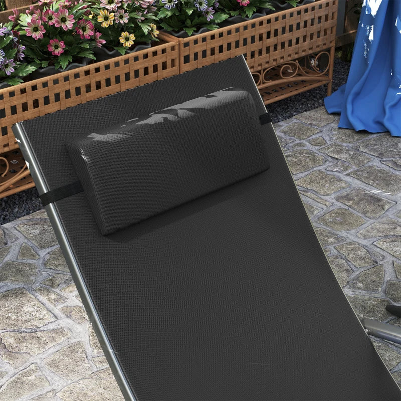 Set of 2 Adjustable Folding Sun Loungers - Black Outdoor Chaise Lounge Chairs with Armrests and Pillows, 4 Positions, Steel Frame for Garden, Patio, Beach and Poolside