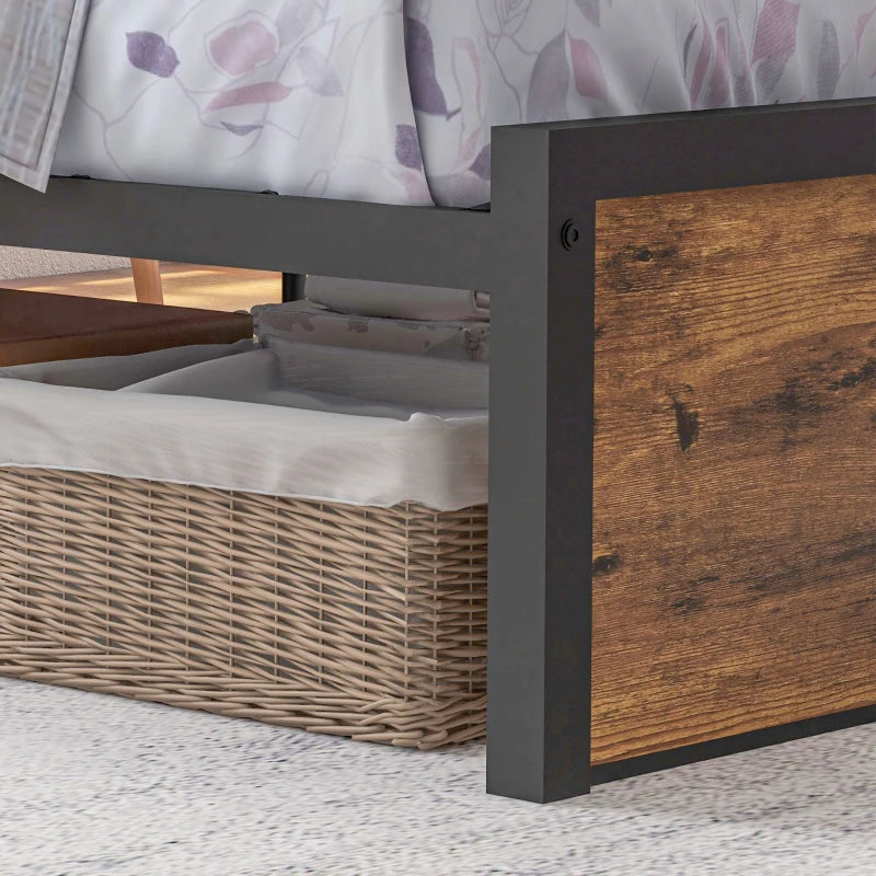 Industrial Single Bed Frame 3.1FT Steel Base with Storage Headboard & Footboard, Slatted Support, Rustic Brown 95x209cm