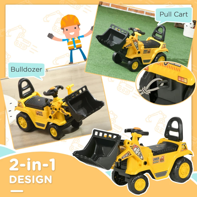 3 in 1 Ride On Toy Bulldozer for Toddlers Digger Excavator Scooter Storage Cart