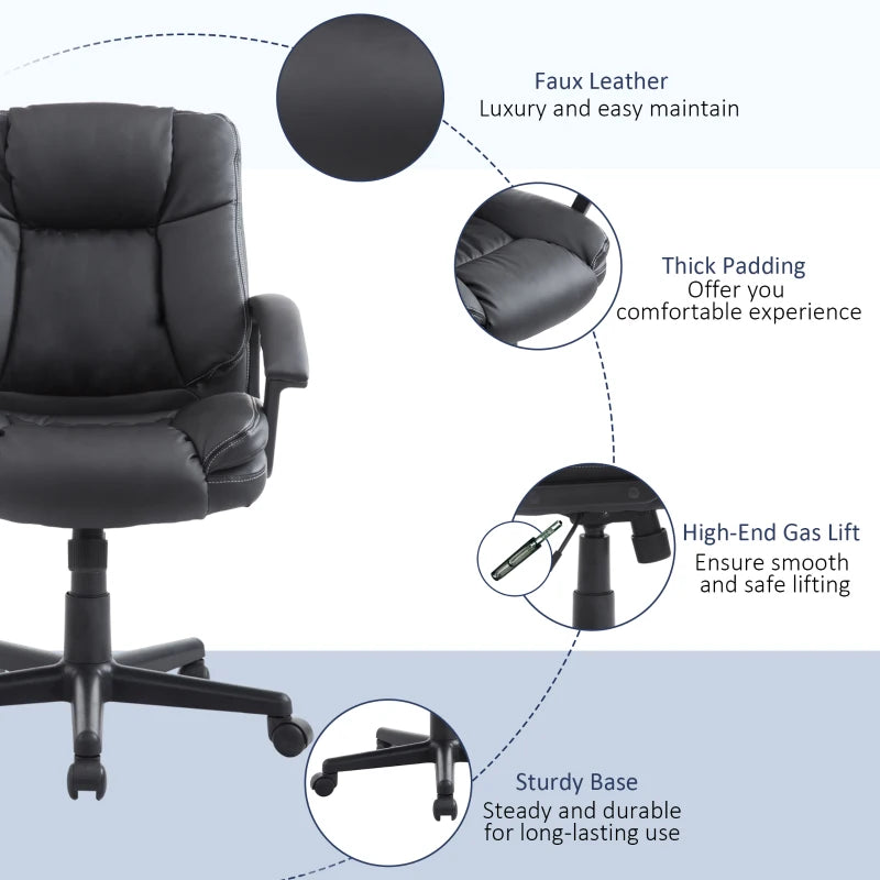 Ergonomic PU Leather Office Chair - Adjustable Mid Back Executive Desk Chair with Swivel Wheels for Home & Study, Black