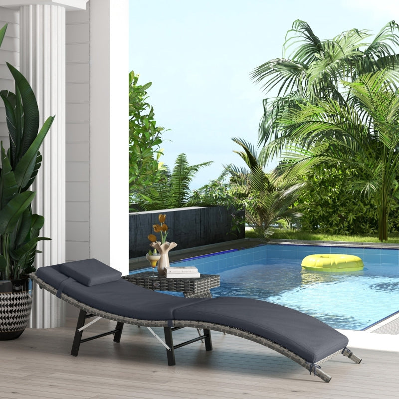 Grey Rattan Folding Sun Lounger with Cushion and Pillow