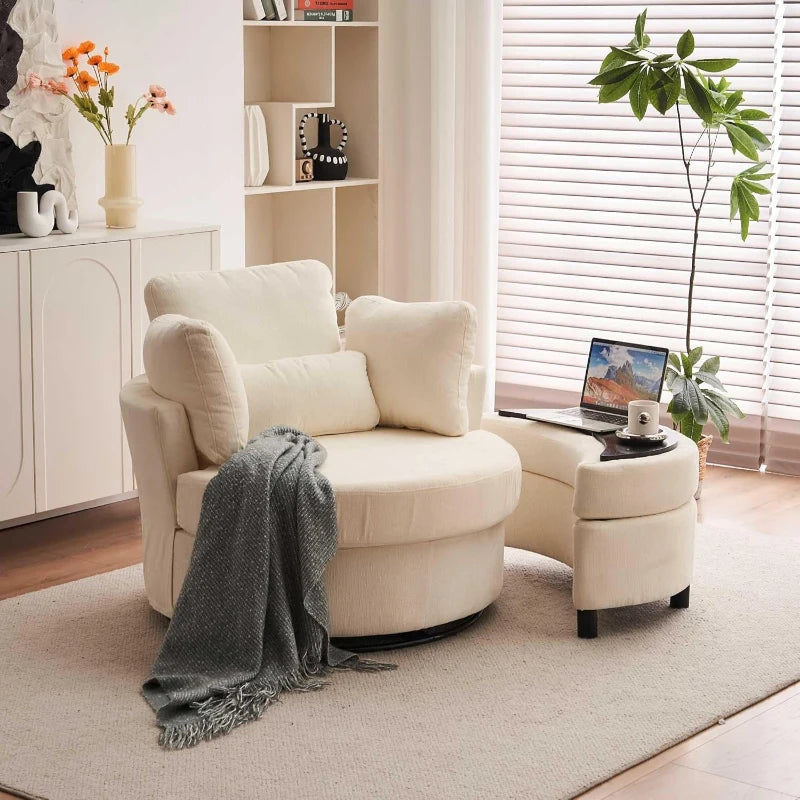 Ivory Chenille Swivel Armchair with Cushions and Ottoman Stool, 360° Recliner Sofa, 107L x 105W x 82H cm