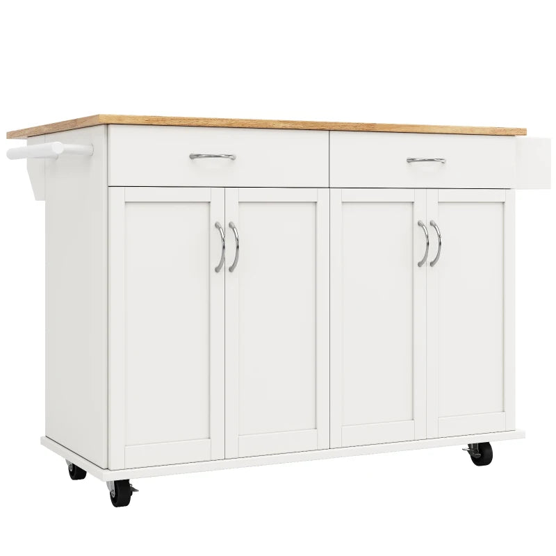Waterproof Kitchen Island Trolley with Rolling Casters & Adjustable Shelf - Elegant White Kitchen Cart with Folding Side Board, 128L x 78W x 90.5H cm