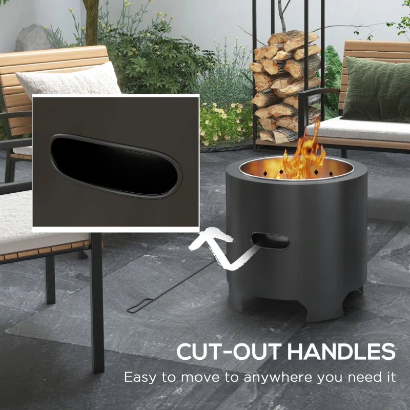 Portable Smokeless Fire Pit - 45cm Round Metal Bonfire Stove with Poker for Garden & Camping - Black