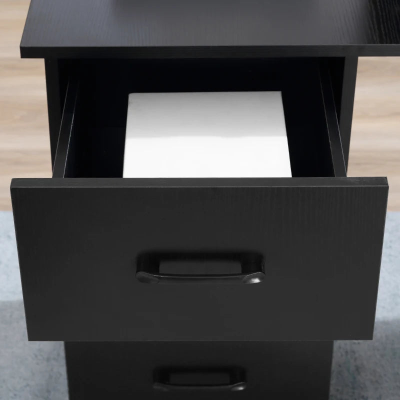 Modern Black Computer Desk with 3 Storage Shelves & Drawers - Stylish Writing Table for Home Office Workstation