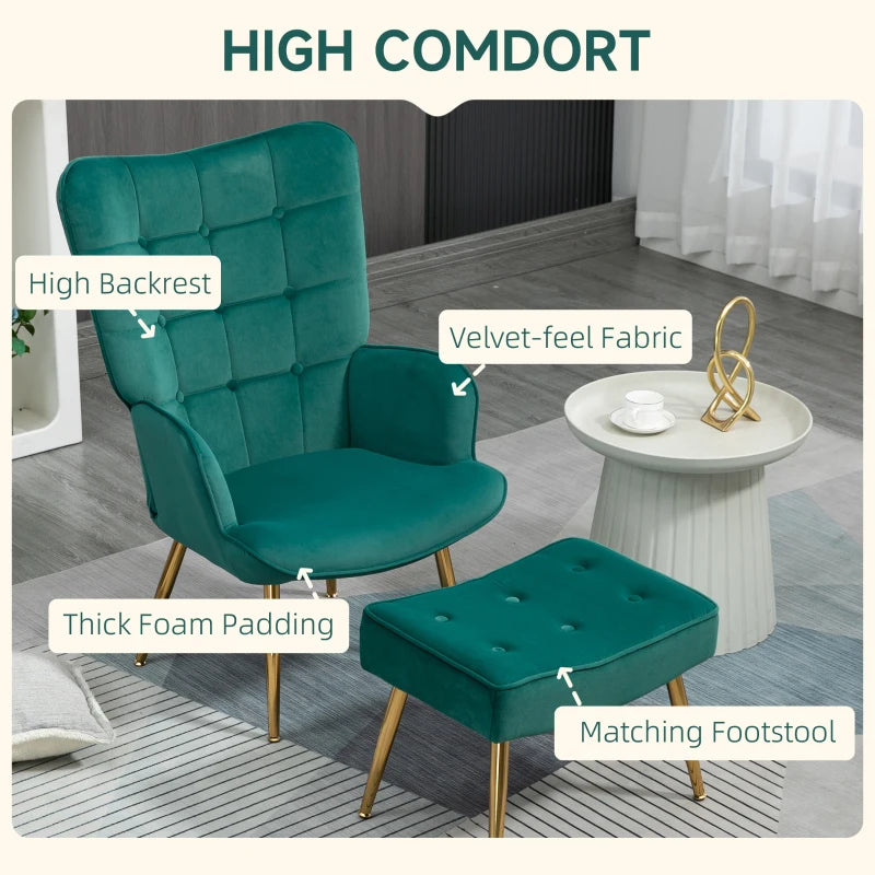 Stylish Velvet Wingback Armchair with Footstool for Living Room, Bedroom or Home Office in Dark Green
