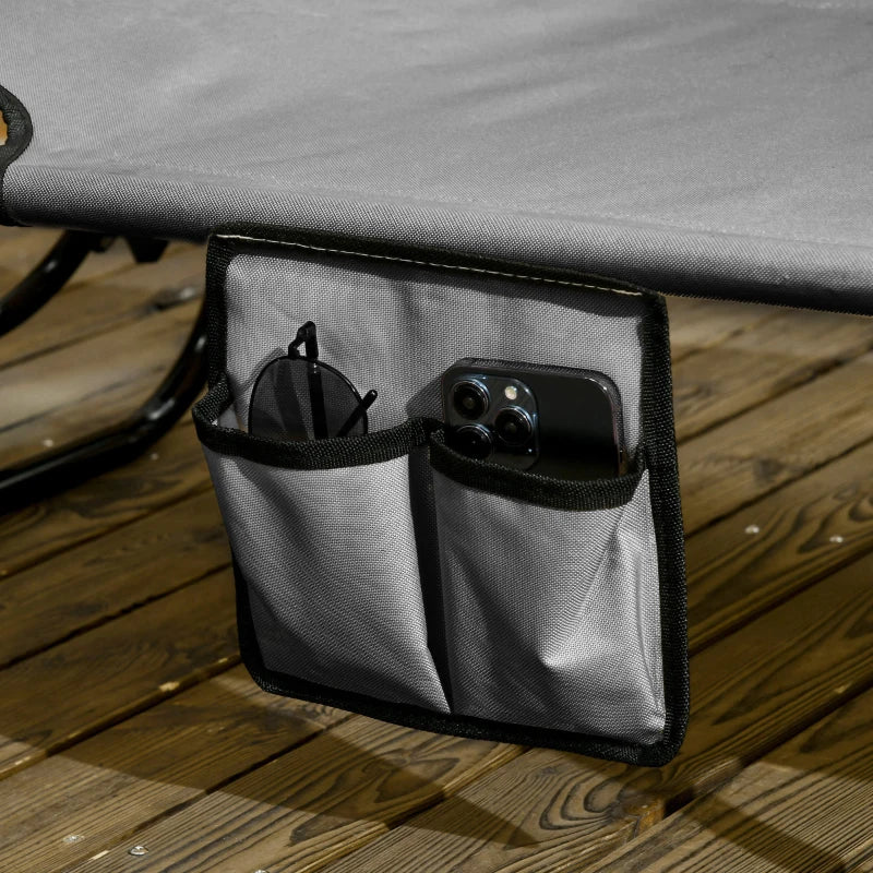 2 Piece Dark Grey Folding Sun Loungers with Canopy - Adjustable Recliner Garden Chairs with Side Pocket, Steel Frame and Breathable Mesh for Outdoor, Pool, Beach, Garden