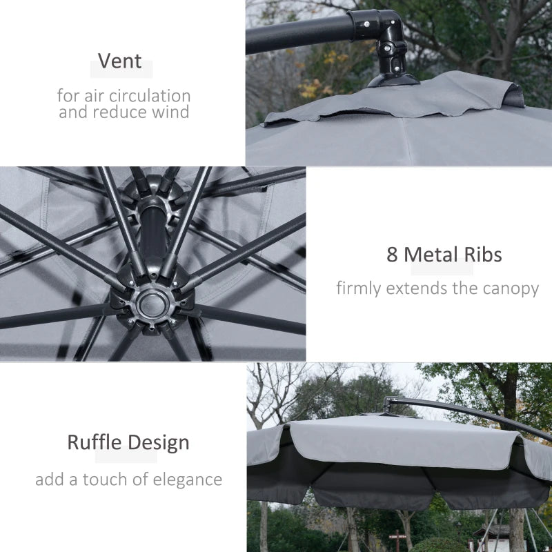 Dark Grey 2.7m Cantilever Garden Umbrella with Crank Handle and Cross Base