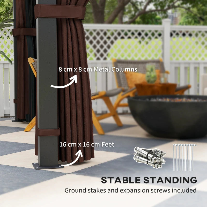 3x3m Brown Hardtop Gazebo Canopy with 7mm Double Polycarbonate Roof, Permanent Garden Pavilion with Mosquito Netting and Curtains for Patio and Deck