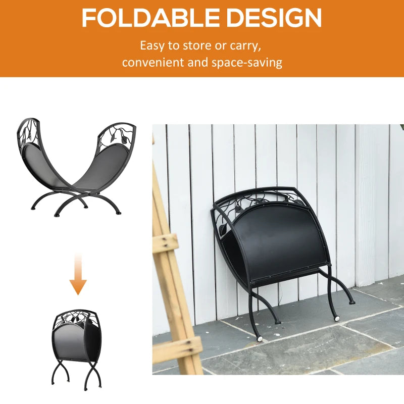 Metal Arced Firewood Log Holder Rack - Indoor Outdoor Folding Wood Storage Shelf with Leaf Pattern, Black, 43.5W x 36.5D x 41H cm