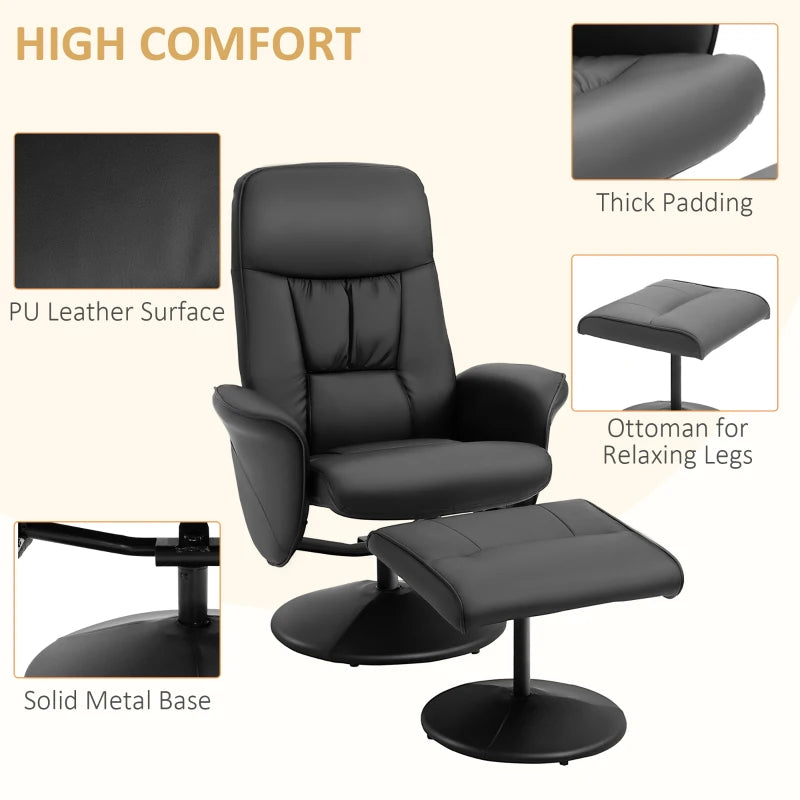 Stylish Swivel Recliner Chair with Footstool in Black PU Leather for Living Room Comfort