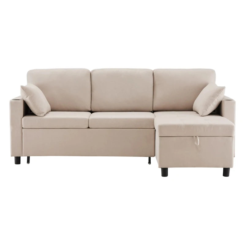 Linen Look L-Shaped Corner Sofa Bed with Storage, 3-Seater Convertible Settee with Cup Holders, Beige