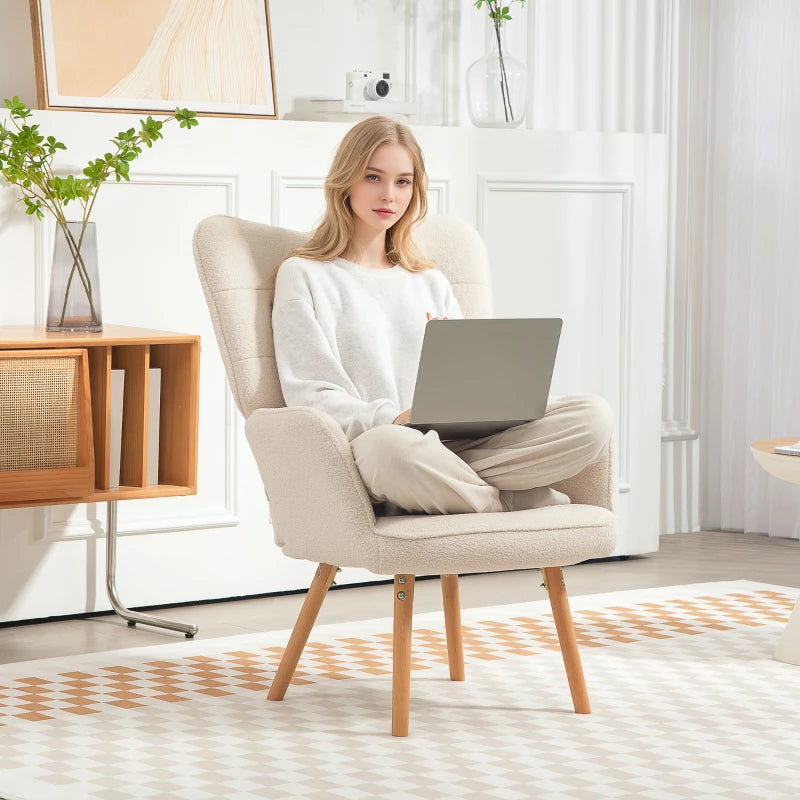 Modern Cream White Accent Chair - Upholstered Tufted Wingback Armchair with Teddy Fleece, Padded Seat & Wood Legs for Bedroom
