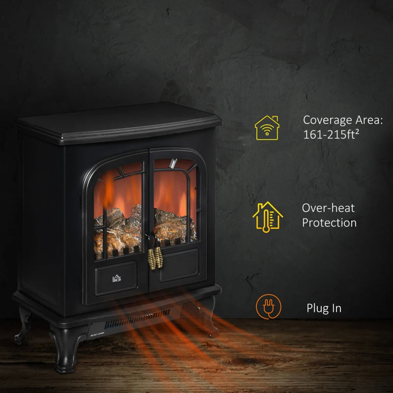 Electric Fireplace Stove Heater with LED Flame Effect Freestanding Portable Overheat Protection 1000W 2000W Black