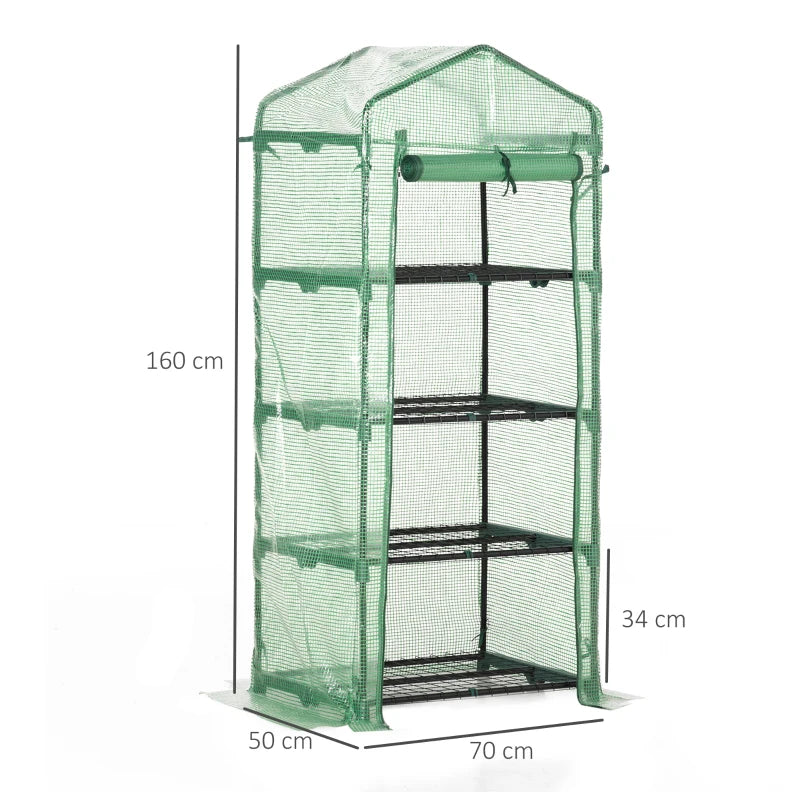 Compact Greenhouse with Steel Frame, 4 Tier, Roll-up Door, 70x50x160 cm, Green