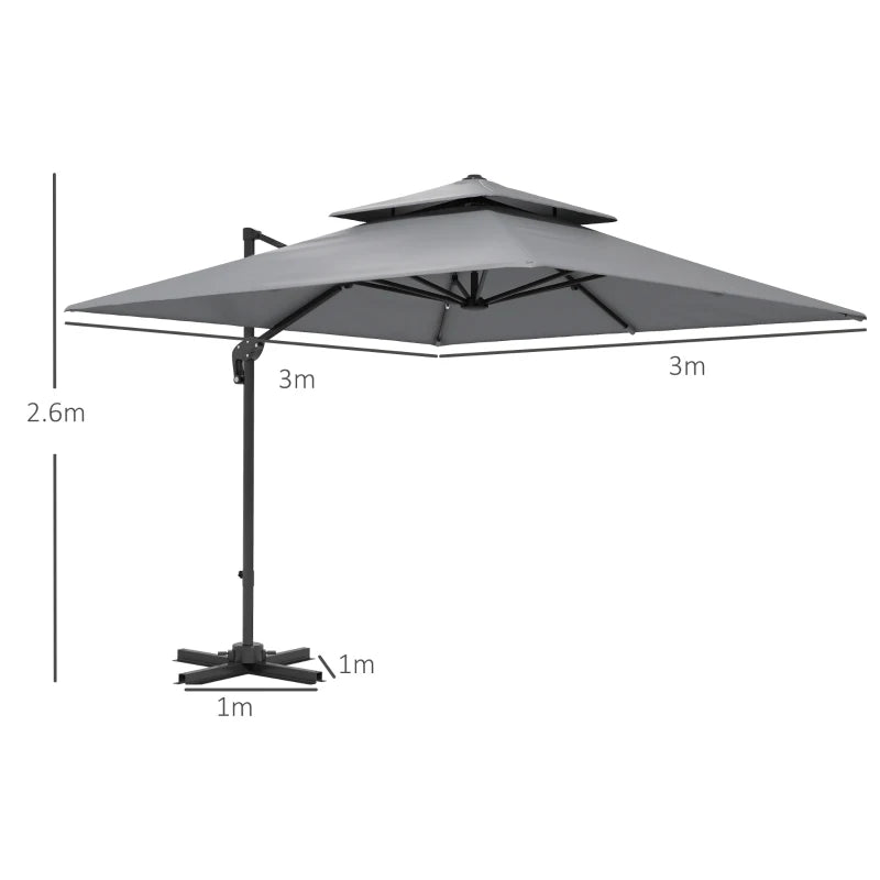 3 x 3m Light Grey Cantilever Parasol with Aluminium Frame, Crank and Tilt, 360° Rotation, Double Top Garden Umbrella with Base and Cover