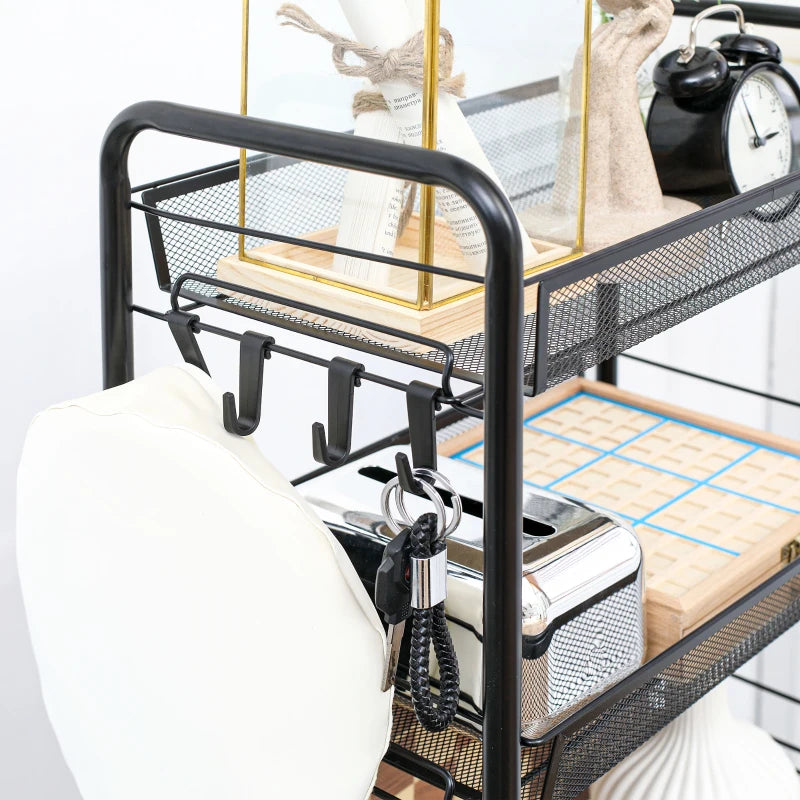 Five-Steel Mesh Storage Trolley with Wheels - Black Basket Organizer for Home, Office, and Kitchen
