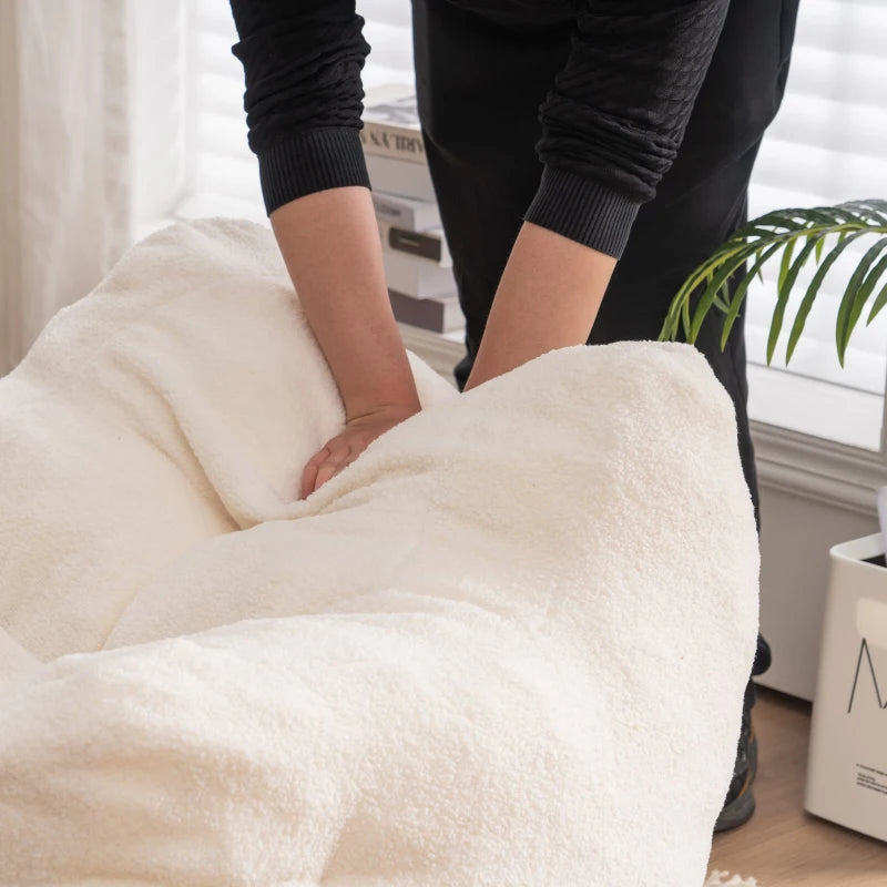 Soft Tufted Foam Bean Bag Snuggle Chair in White Teddy Fabric with Ergonomic Backrest, 100x94x70 cm