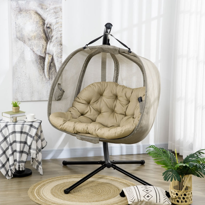 Brown Double Seater Texteline Swing Hammock Chair with Stand and Cushion
