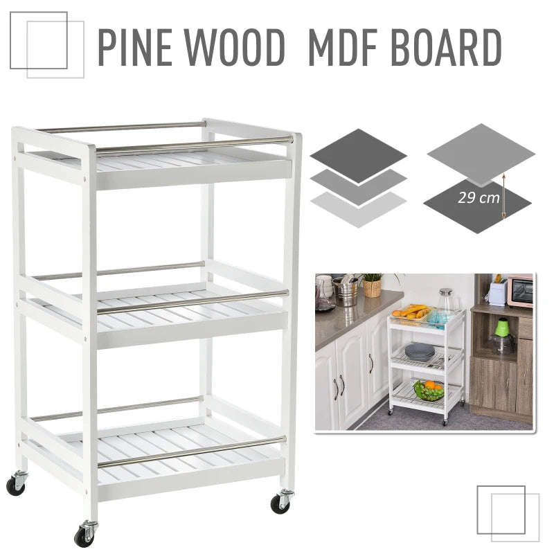 3-Tier Rolling Kitchen Storage Cart with Steel Bars & 4 Wheels - White Home Organizer for Living Room & Kitchen