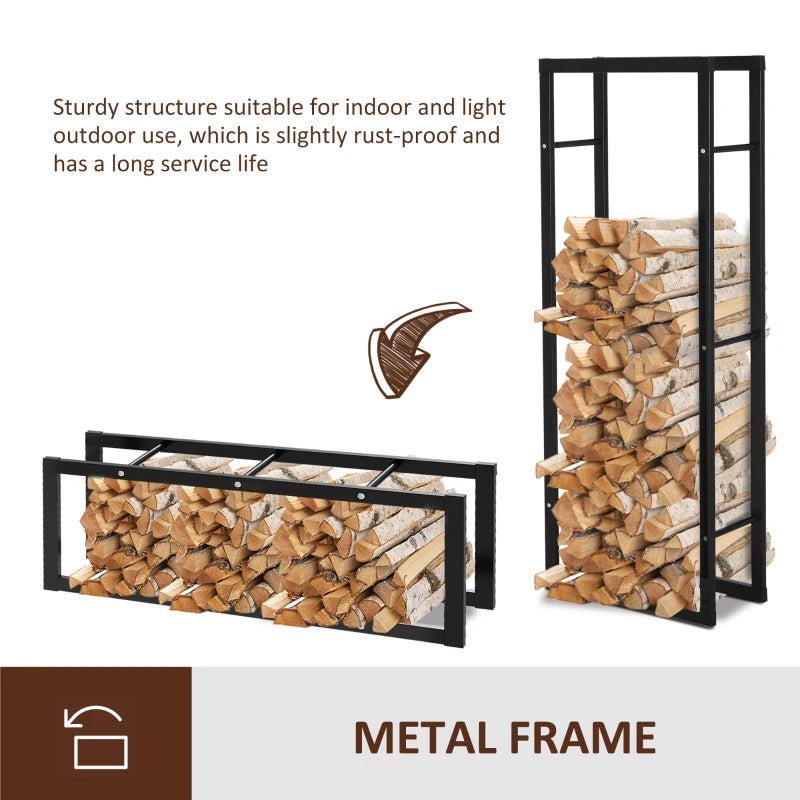 Tall Metal Firewood Log Holder Rack - Indoor/Outdoor Fireplace Wood Storage Shelf, Black, 60x25x150 cm