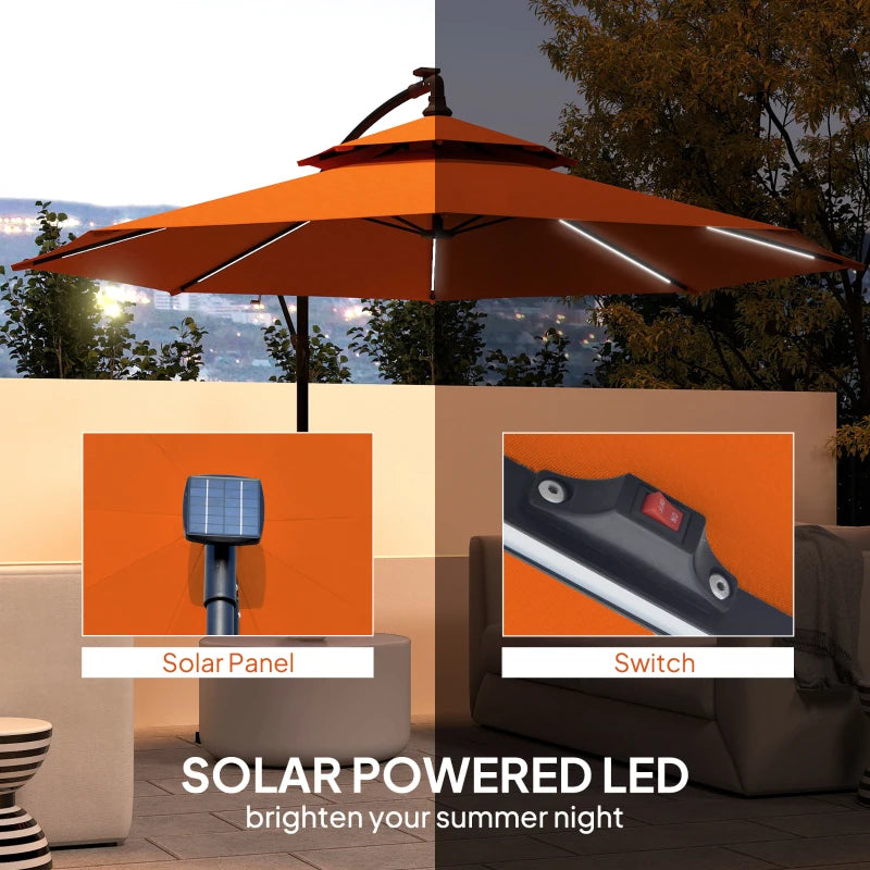 3m Orange LED Lighted Patio Umbrella - Overhanging Garden Parasol for Outdoor Use