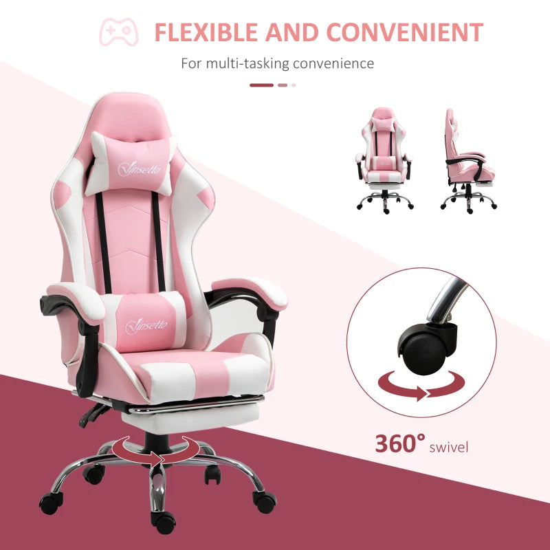 Vinsetto Pink Ergonomic Gaming Chair - PU Leather Reclining Computer Chair with Footrest, Lumbar Support & Adjustable Height for Adults