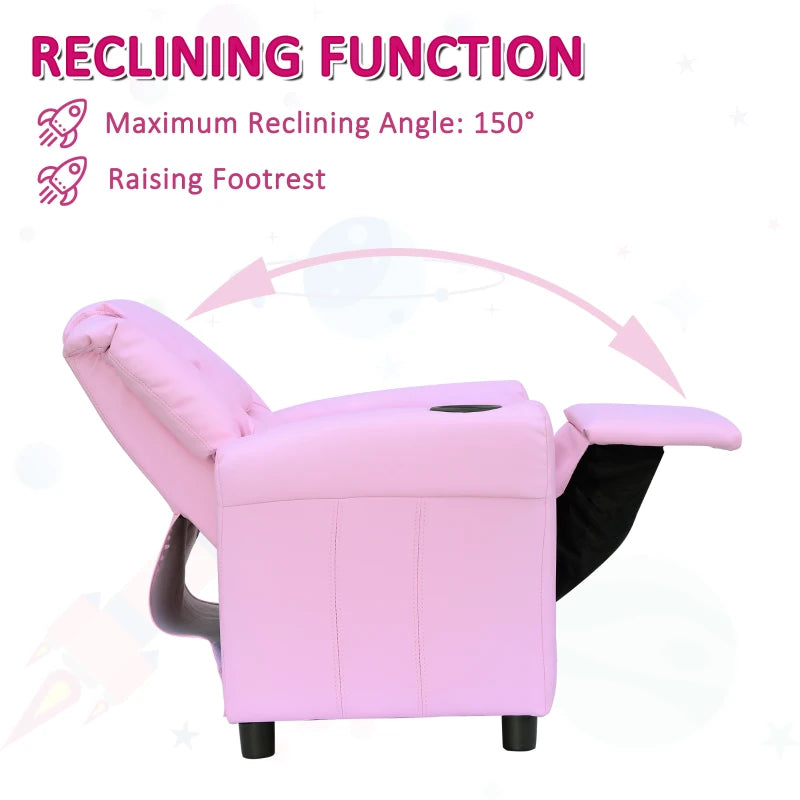 Pink Kids Recliner Chair - PU Leather, Adjustable Backrest & Footrest, Padded Headrest for Comfort - Perfect for Playrooms