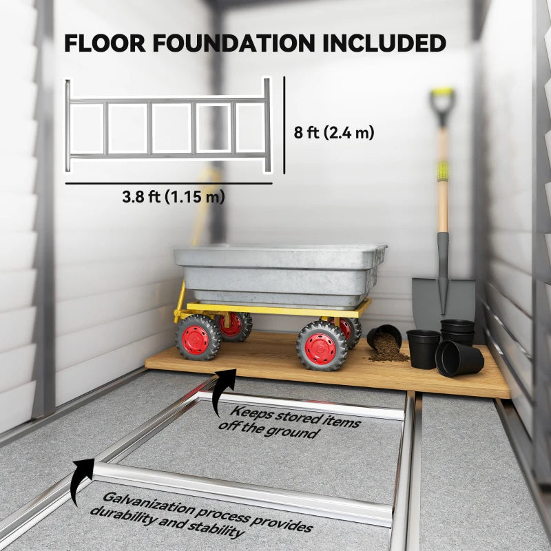 5x9ft Galvanised Metal Garden Shed with Foundation Kit – Lockable Outdoor Lean-to Storage with Vents & Gloves – Grey