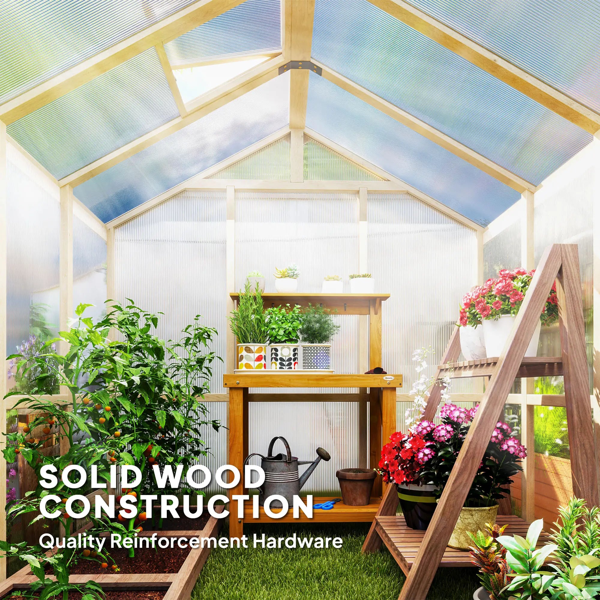 6.6ft x 6ft Polycarbonate Greenhouse - Walk-in Wooden Framed Greenhouse - Plants Grow House, Brown
