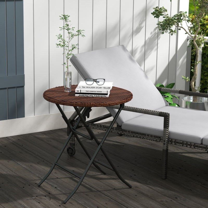 Foldable Rattan Outdoor Coffee Table - Metal Frame, Round Side Table, Mixed Brown