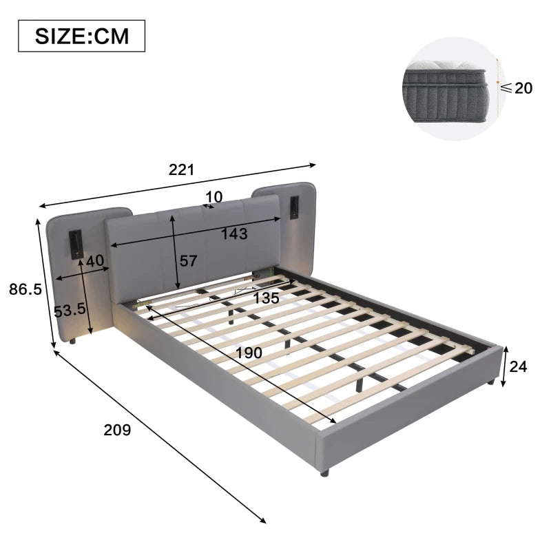 Upholstered Full-Size Double Bed with Charging Port & LED Lighting - Grey, Impact-Resistant Sponge Padding, 209L x 221W x 86.5H cm