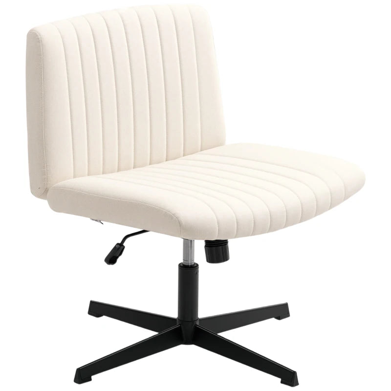 Armless Linen Fabric Office Chair - Criss Cross Legs, Wide Seat, Thick Padding, Adjustable Height, Cream - No Wheels