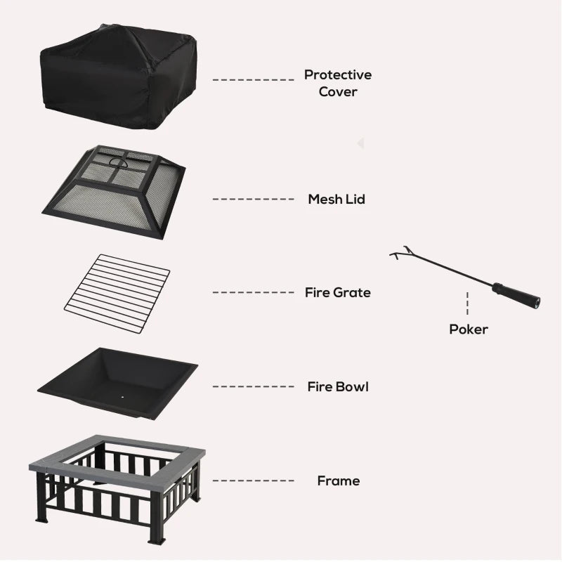 Large Square Metal Fire Pit with Cover & Grate - Outdoor BBQ Bonfire Stove for Backyard & Camping, 86x86cm, Black