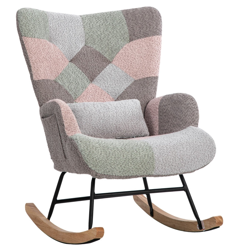 Stylish Rocking Garden Chair Set with Footstool and Pillow, Wingback Design, Solid Wood Legs, Blue and Grey