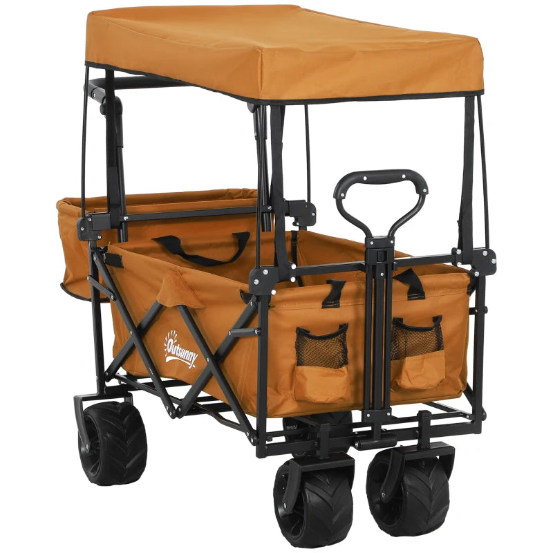 Folding Trolley Cart Storage Wagon - Orange 4-Wheel Beach Trailer with Canopy for Shopping and Camping