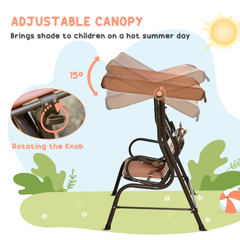 Brown Kids Garden Swing Seat with Adjustable Awning and Monkey Pattern
