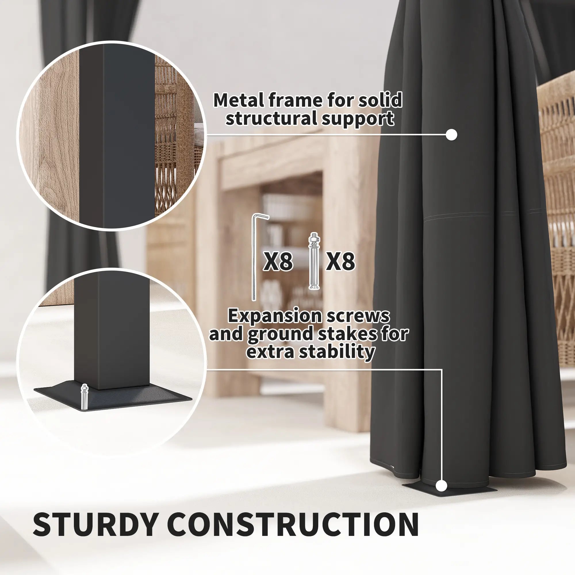 Charcoal 3m x 3m Retractable Pergola Shelter with Curtains - Perfect For patios