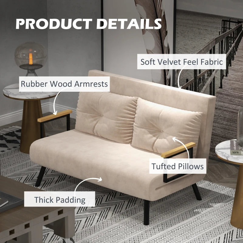 Velvet-Feel Double Sofa Bed with Pillows in Beige – Versatile 4-in-1 Design for Comfort and Style