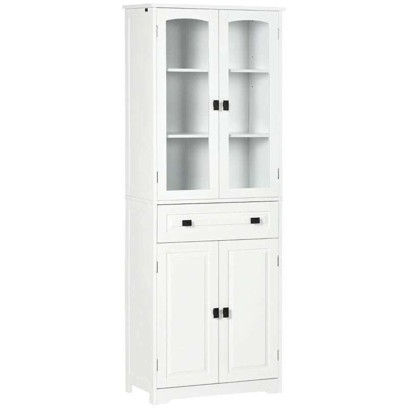 Stylish White Freestanding Kitchen Cupboard - 160cm Storage Cabinet with Glass Door, 2 Adjustable Shelves & Drawer for Living Room/Dining Room