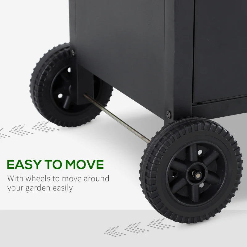 5-Burner 4+1 Black Gas BBQ Grill with Smoker and Side Table - Outdoor Barbecue Trolley with Wheels, Warming Rack, Side Shelves, Cabinet, Thermometer