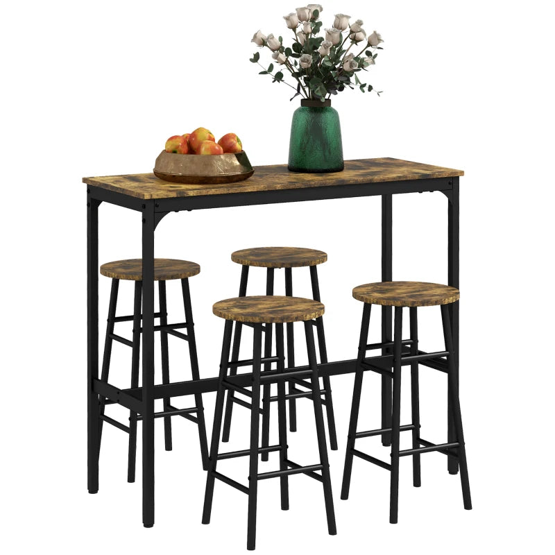 5-Piece Industrial Bar Table Set with 4 Stools - Rustic Brown Dining Table and Chair Set for Home or Kitchen